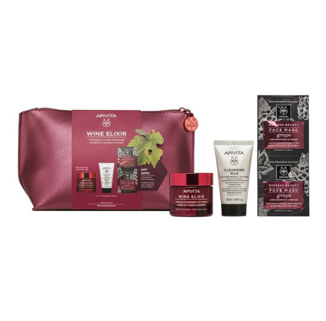 APIVITA WINE ELIXIR Set Αντιρυτιδική Κρέμα Πλούσιας Υφής 50ml & Γαλάκτωμα Καθαρισμού 50ml & Face Mask 2x8ml