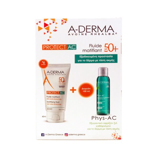A Derma Protect AC Mattifying Fluid SPF50+ 40ml & ΔΩΡΟ Phys-AC Αφρίζον Gel Καθαρισμού 100ml (Λεπτόρευστη Αντιηλια