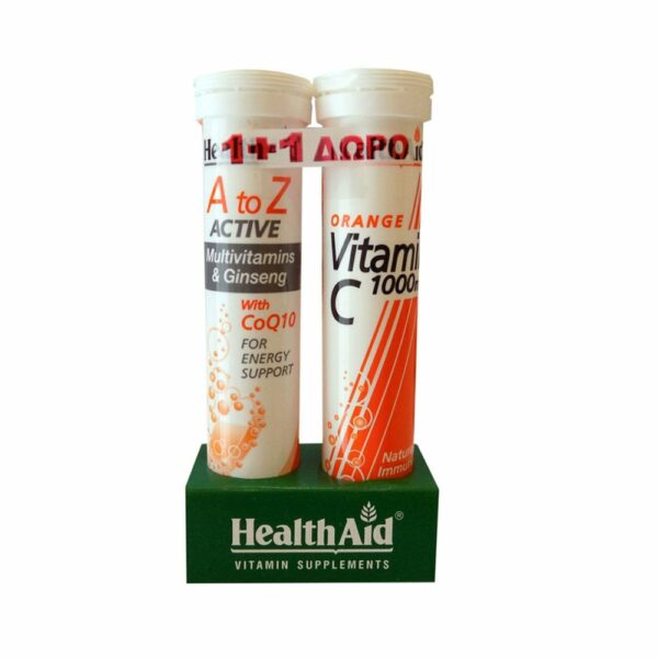 Health Aid A To Z Active Multivitamins Ginseng & Q10 Tutti Fruti 20tabs ΔΩΡΟ Vitamin C Orange 1000mg 20tabs (Τόνωση - Ενέργεια)