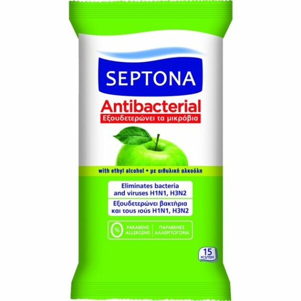 Septona Antibacterial Wipes Green Apple Αντιβακτηριδιακά Μαντηλάκια Χεριών με Άρωμα Πράσινο Μήλο 15 Τεμάχια