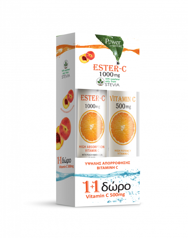 Power of Nature Vitamin Ester-C 1000mg με Στέβια 24 eff tabs & Δώρο Vitamin C 500mg Πορτοκάλι 20eff tabs