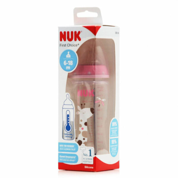 Nuk Πλαστικό Μπιμπερό First Choice Plus Temperature Control Κατά των Κολικών με Θηλή Σιλικόνης 300ml για 6-18 μηνών Ροζ Καμηλοπάρδαλη