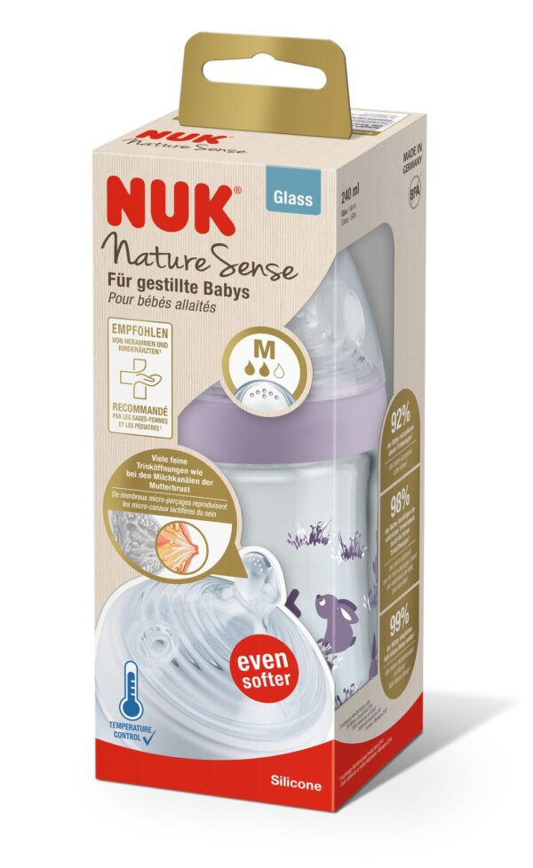 Nuk Nature Sense Γυάλινο Μπιμπερό με Θηλή Σιλικόνης για 0m+ 240ml  Μωβ Λαγουδάκια