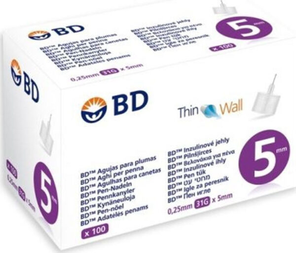 BD Thin Wall Αποστειρωμένες Βελόνες για Πένες Ινσουλίνης 31G 0,25 x 5mm 100τεμ.