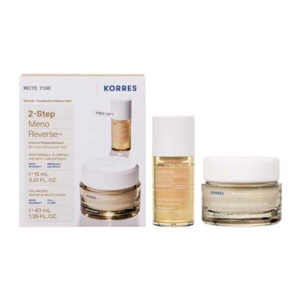 Korres Promo White Pine 2-Step Meno Reverse Λευκή Πεύκη Αναπλήρωση Όγκου με Volumizing Serum-in-Moisturizer Κρέμα Ημέρας, 40ml & Δώρο Deep Wrinkle Plumping + Age Spot Ορός Προσώπου, 15ml, 1σετ