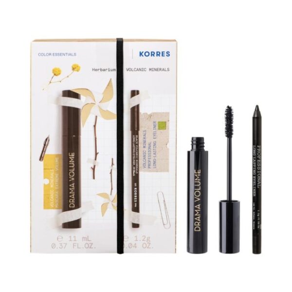 Korres Set Drama Volume No01 Black Mascara Extreme Volume για Μέγιστο Όγκο Μαύρο 11ml + Volcanic Minerals Long Lasting Eyeliner No01 Μαύρο Μολύβι 1,2gr