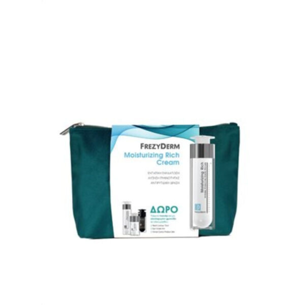 Frezyderm Promo Μoisturizing Rich Cream Ενυδατική Κρέμα για Ξηρό Δέρμα, 50ml, Δώρο Eye Cream Κρέμα Ματιών, 15ml, Neck Contour Cream Κρέμα Σύσφιξης Λαιμού, 5ml, Velvet Colors Medium Ματ Μake Up, 2ml & Νεσεσέρ, 1σετ